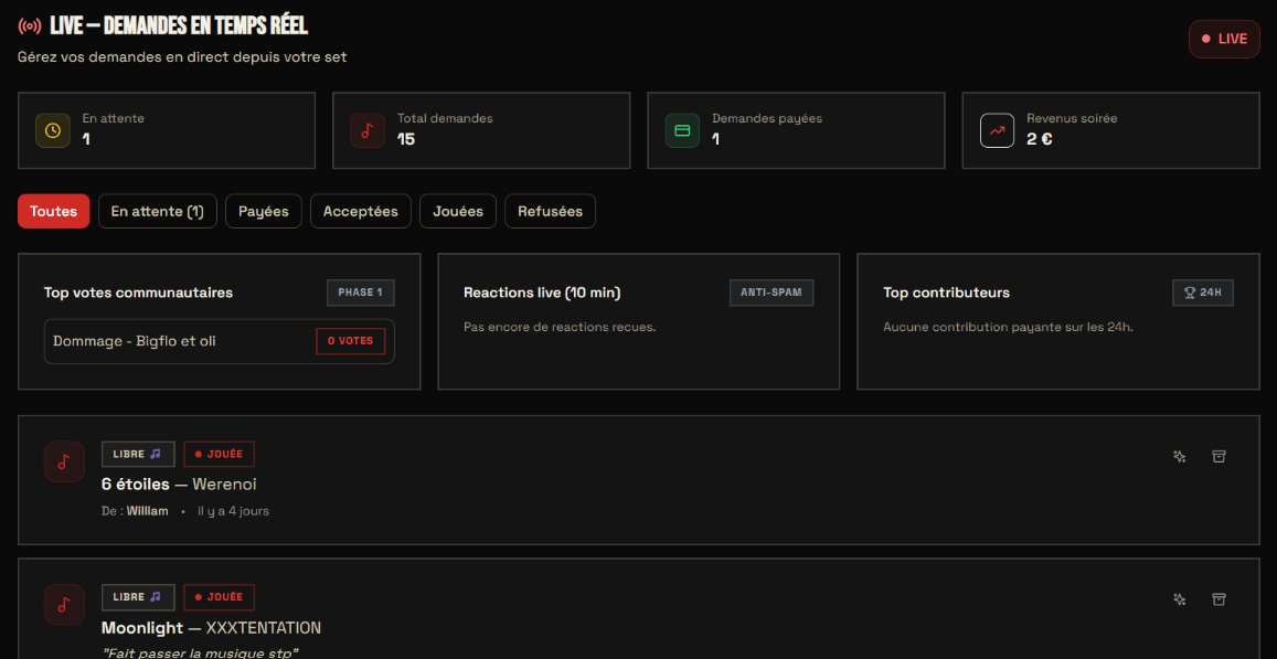 Tableau de bord NextDrop pour DJ
